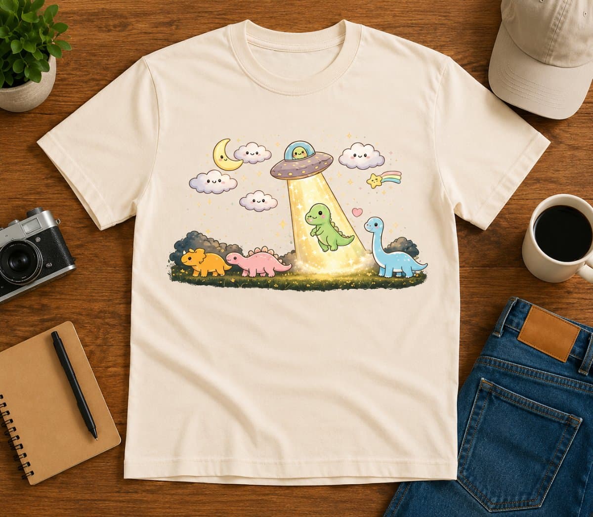 Comfort Colors® Cute Dinosaur UFO T-Shirt, Kawaii Dino Alien Tee, Pastel Cartoon Dinosaur Shirt, Funny Dino Lover Gift, Unisex Graphic Tee
