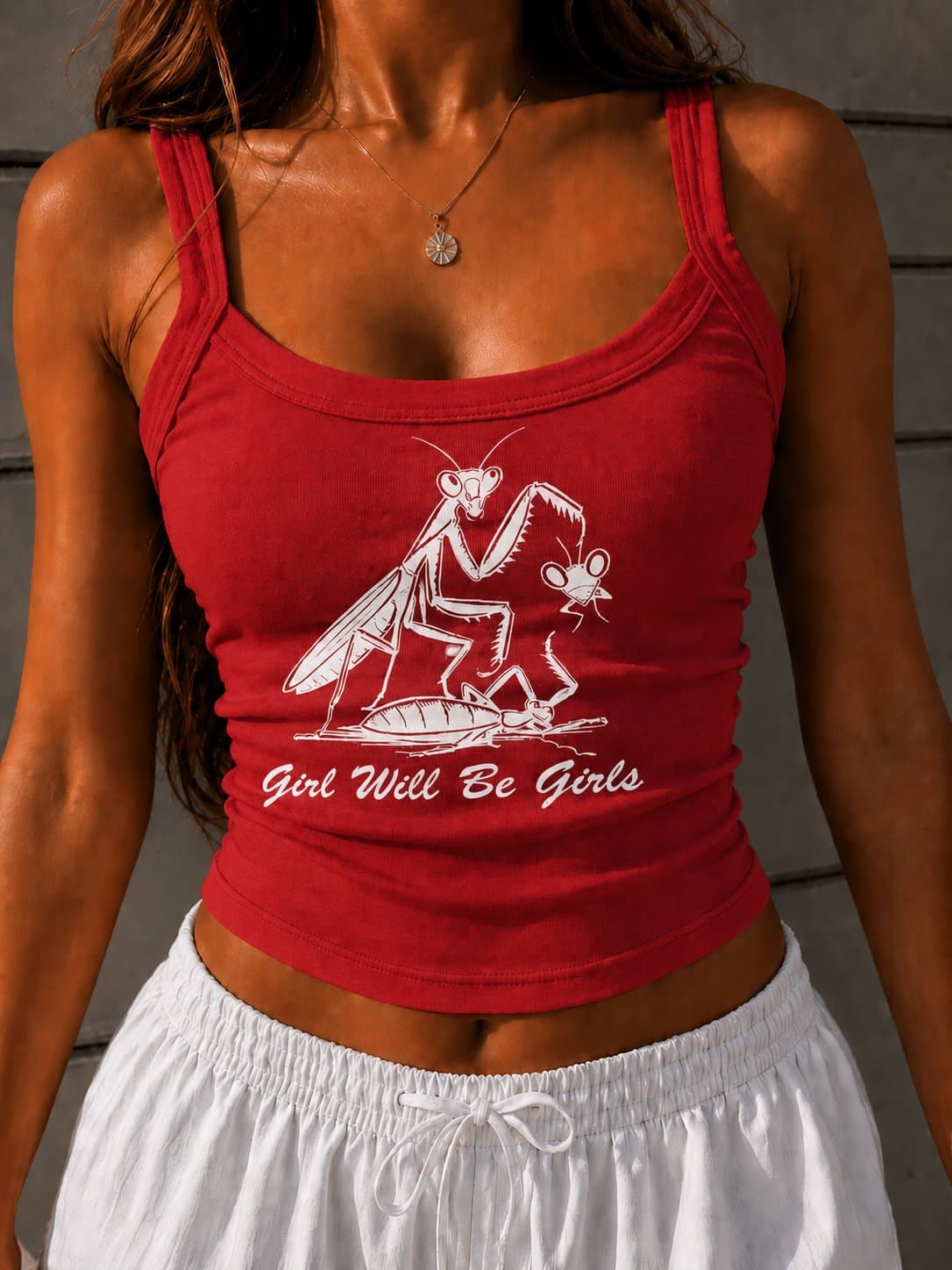 Girl Will Be Girls Praying Mantis Tank Top, Funny Feminist Baby Tee, Bella Canvas 1012 Rib Tank, Y2K Graphic Cami, Cute Bug Lover Shirt