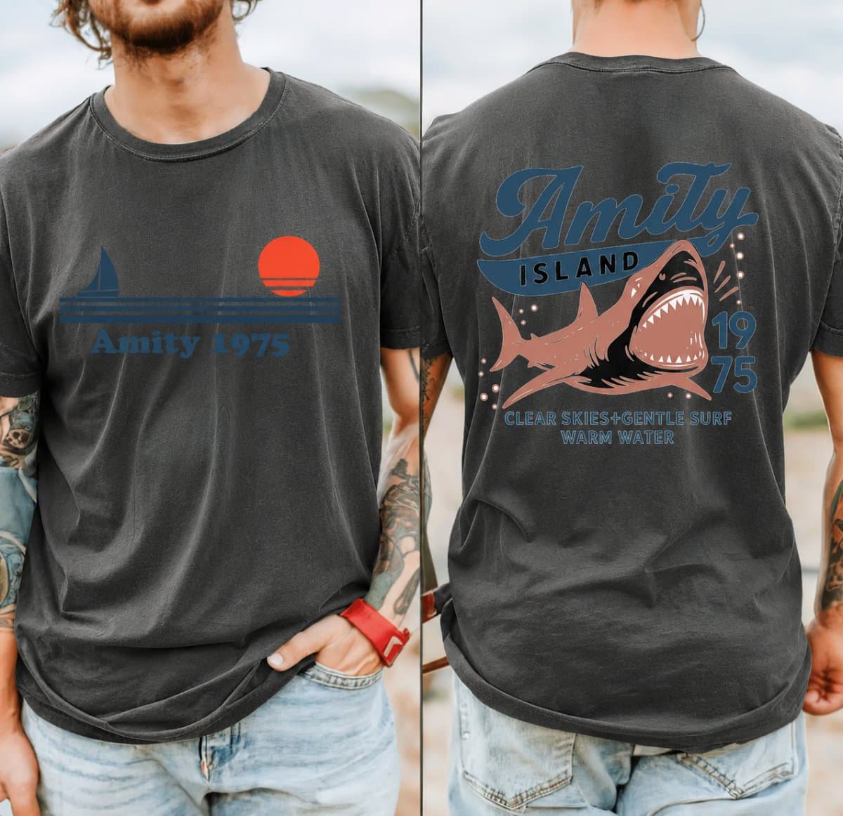 Jaws Amity Island 1975 Shirt, Vintage Shark Beach Tee, Front & Back Design, Funny Ocean Summer Graphic, Retro Tee, Vintage Tee