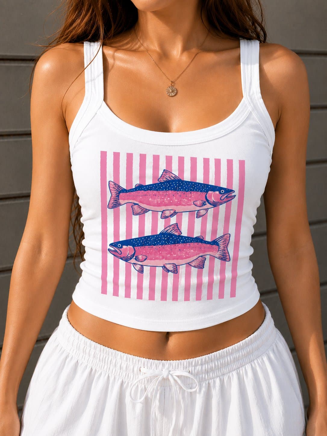 Retro Pink Fish Graphic Tank Top, Bella Canvas Rib Tank, Coastal Cowgirl Summer Cami, Salmon Lover Baby Tee, Lake Life Shirt