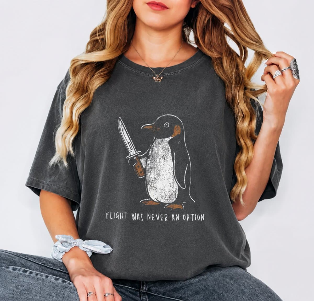 Flight Was Never An Option Shirt, Funny Penguin Knife Tee, Sarcastic Dark Humor Gift, Retro Penguin Punk Graphic Comfort Chaotic T-shirt