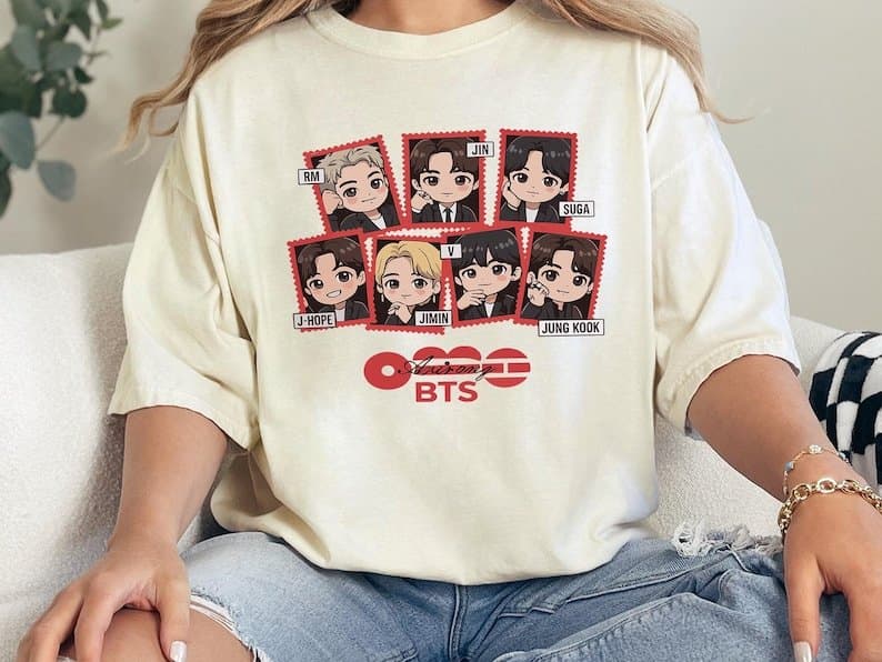 BTS Chibi Shirt, Kpop Cartoon Graphic Tee, Cute Korean Music Fan T-Shirt, Concert Gift, Unisex Oversized Shirt