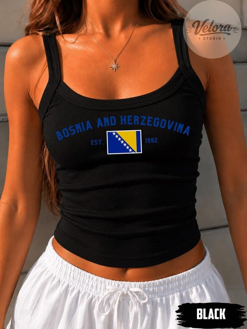 Bosnia and Herzegovina Soccer Spaghetti Strap Tank Top, Retro Bosnia Flag Crop Cami, Football Fan Tank, Women's Summer Game Day Shirt
